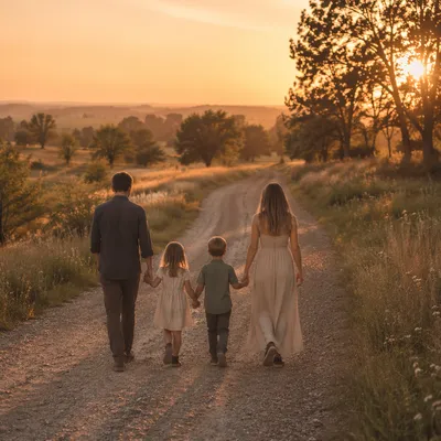 Family Walking Country Road at Sunset