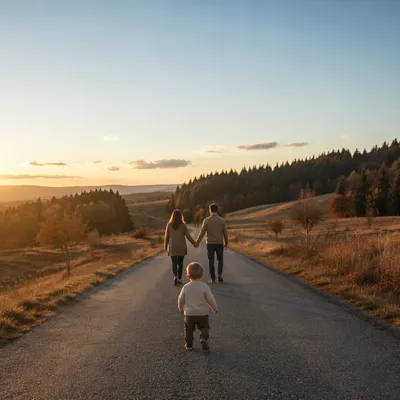 Family Walking Country Road at Sunset
