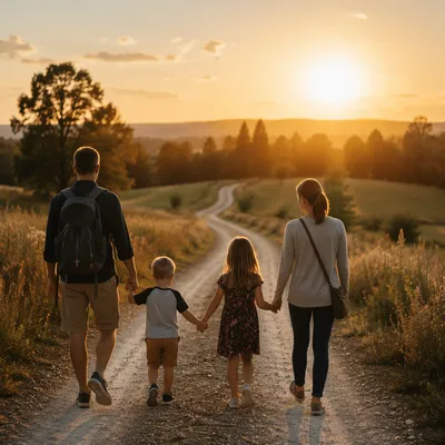 Family Walking Country Road at Sunset