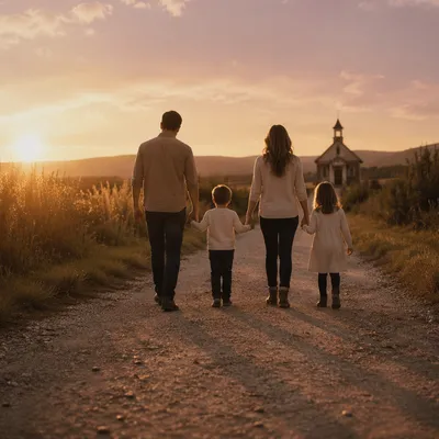 Family Walking Country Road at Sunset