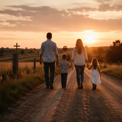 Family Walking Country Road at Sunset