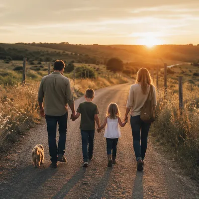 Family Walking Country Road at Sunset