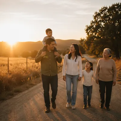 Multigenerational Family Walking at Sunset