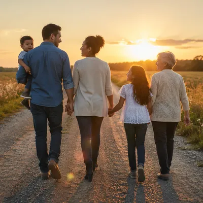 Family Walking on Country Road at Sunset