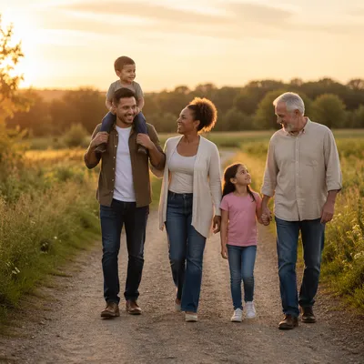 Multigenerational Family Walking on Country Road