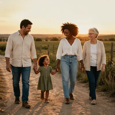 Multigenerational Family Walking on Country Road