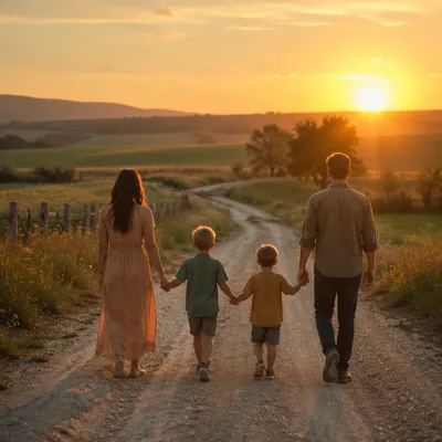 Family Walking Country Road at Sunset