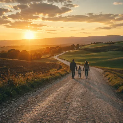 Family Walking Country Road at Sunset
