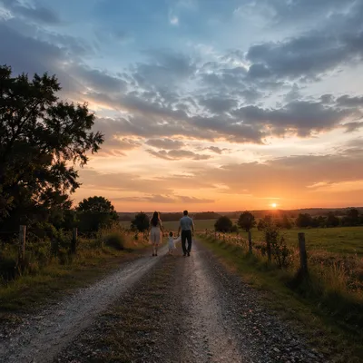 Family Walking Country Road at Sunset