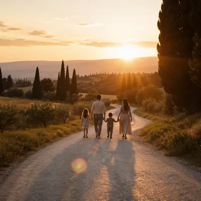 Family Walking Country Road at Sunset