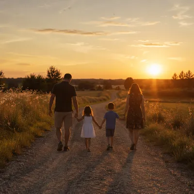 Family Walking Country Road at Sunset