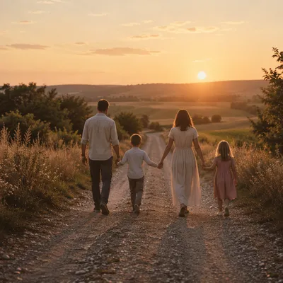 Family Walking Country Road at Sunset