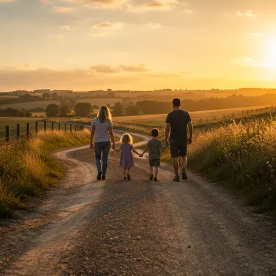 Family Walking Country Road at Sunset