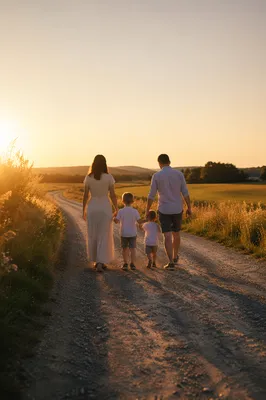 Family Walking Country Road at Sunset