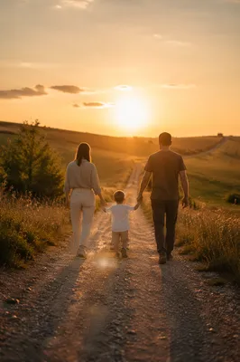 Family Walking Country Road at Sunset