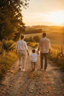 Family Walking Country Road at Sunset