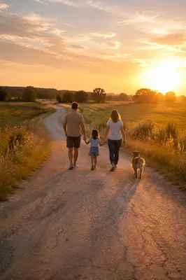 Family Walking Country Road at Sunset