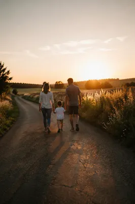 Family Walking Country Road at Sunset