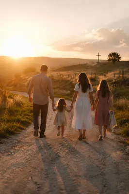 Family Walking Country Road at Sunset