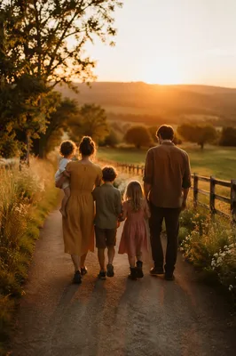 Family Walking Country Road at Sunset