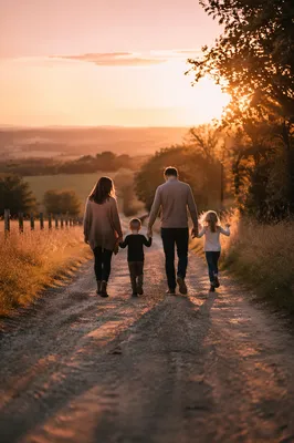 Family Walking Country Road at Sunset