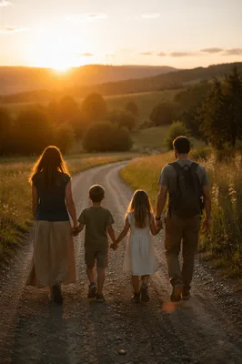 Family Walking Country Road at Sunset