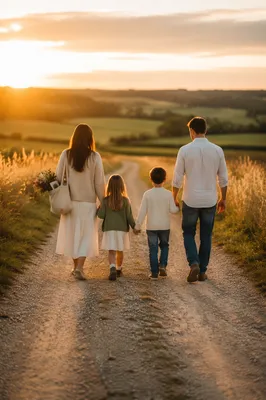 Family Walking Country Road at Sunset