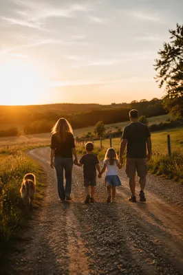 Family Walking Country Road at Sunset