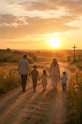 Family Walking Country Road at Sunset