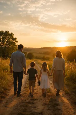 Family Sunset Walk on Country Road
