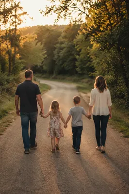 Family Walking Country Road at Sunset