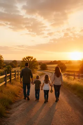 Family Walking Country Road at Sunset