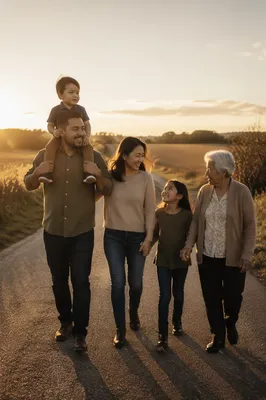 Multigenerational Family Walking at Sunset