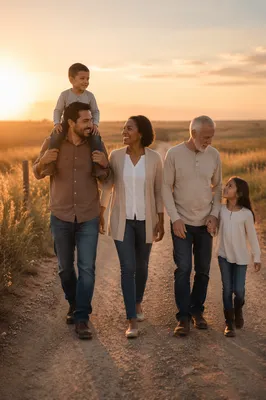 Multigenerational Family Walking on Country Road