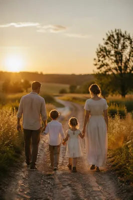 Family Walking Country Road at Sunset