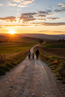 Family Walking Country Road at Sunset