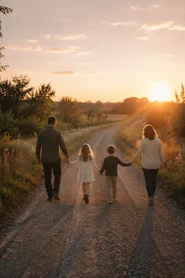 Family Walking Country Road at Sunset