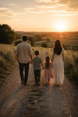 Family Walking Country Road at Sunset