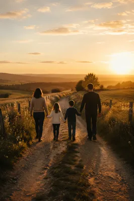 Family Walking Country Road at Sunset