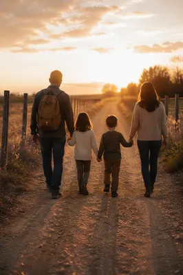 Family Walking Country Road at Sunset