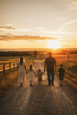 Family Walking Country Road at Sunset