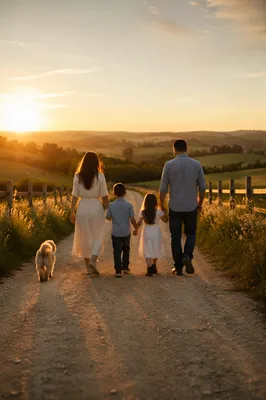 Family Walking Country Road at Sunset