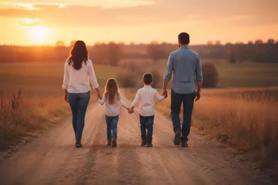 Family Walking Country Road at Sunset