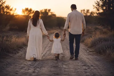 Family Walking Country Road at Sunset