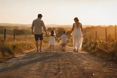 Family Walking Country Road at Sunset