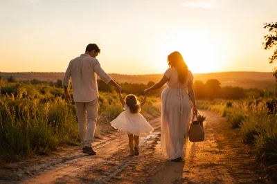 Family Walking Country Road at Sunset