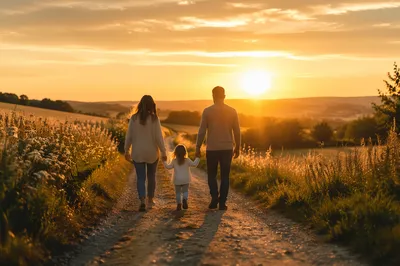 Family Walking Country Road at Sunset