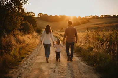 Family Walking Country Road at Sunset