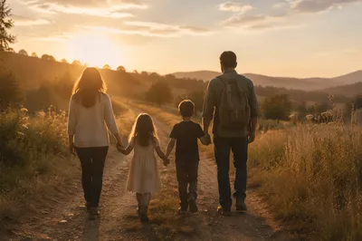 Family Walking Country Road at Sunset