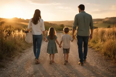 Family Sunday Walk on Country Road